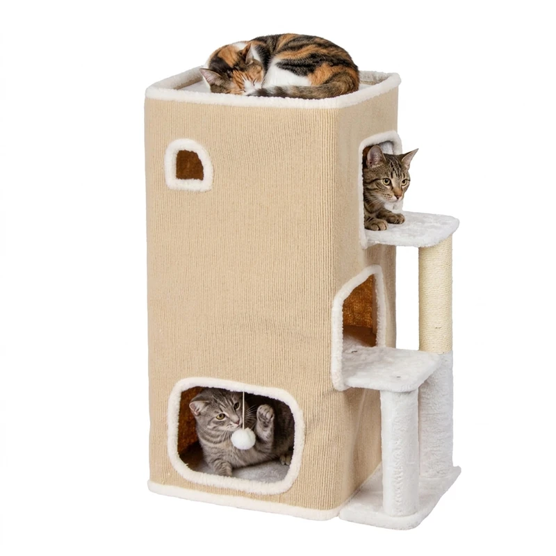 Relaxdays 3-storey cat house with ball & scratching post, HxWxD: 83.5x43x34 cm, indoor, polyester, beige