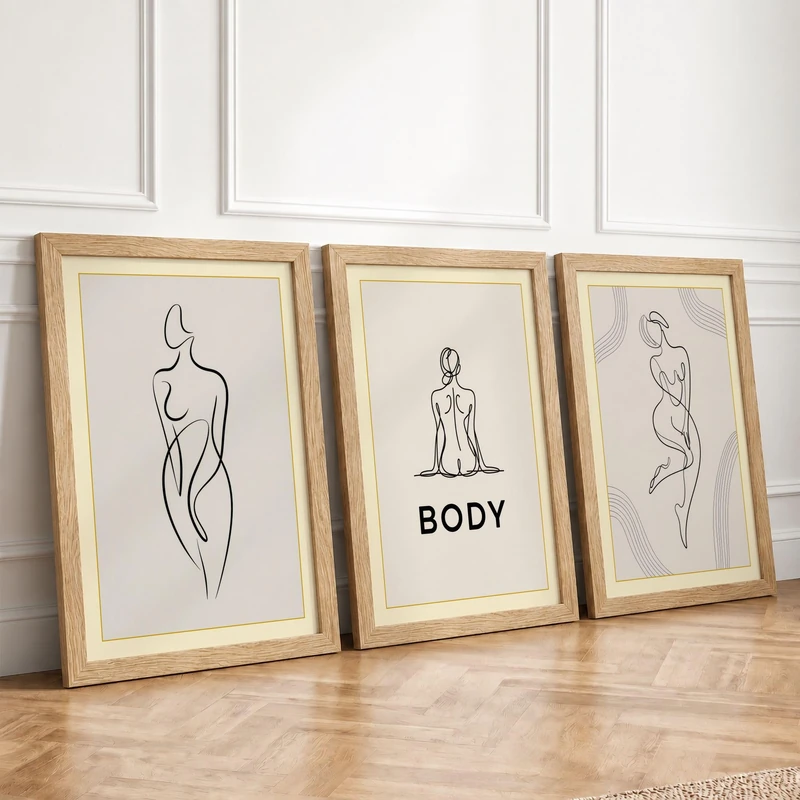 Female Form in Line Minimalist Set of 3 Framed Wall Art Prints A4