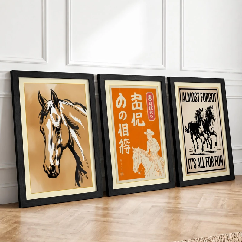 Expressive Horses in Motion Vintage Set of 3 Framed Wall Art Prints A2