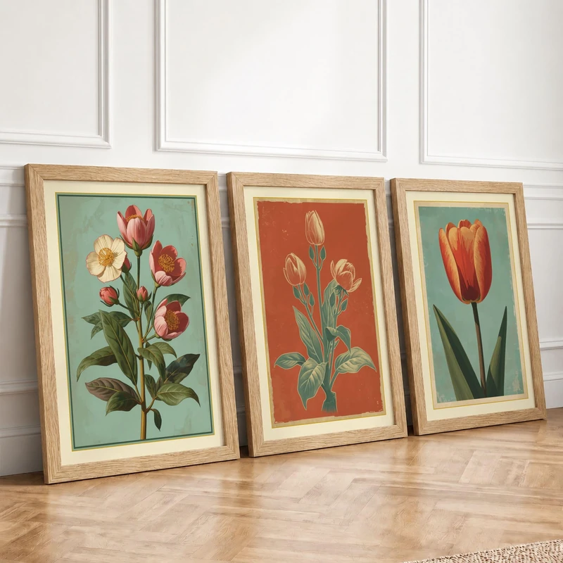 Tulip Studies Botanical Set of 3 Framed Wall Art Prints A3 (42×29.7cm)