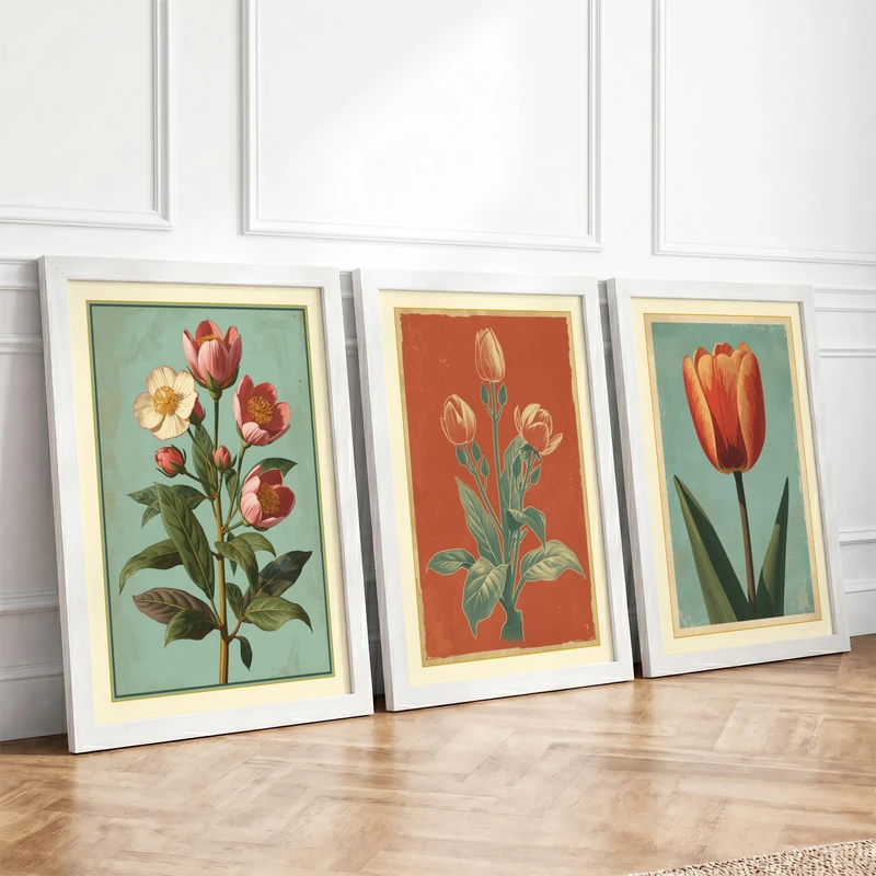 Tulip Studies Botanical Set of 3 Framed Wall Art Prints A3 (42×29.7cm)