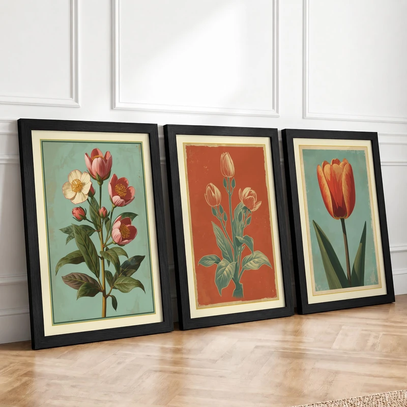 Tulip Studies Botanical Set of 3 Framed Wall Art Prints A2 (59.4×42cm)