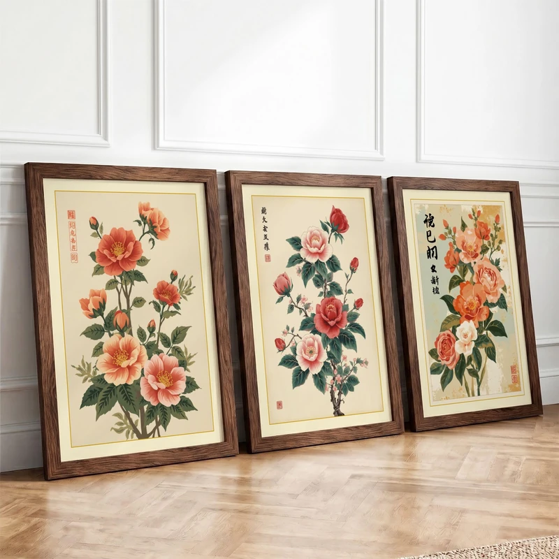 East Asian Rose Studies Botanical Set of 3 Framed Wall Art Prints A3