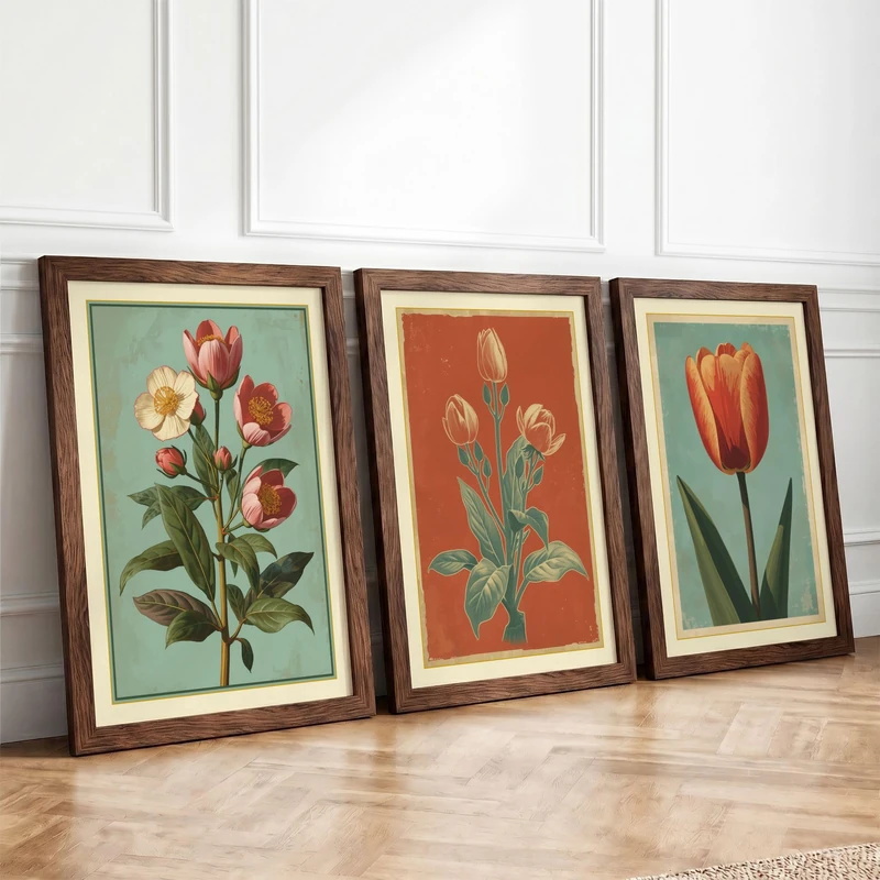Tulip Studies Botanical Set of 3 Framed Wall Art Prints A1 (84.1×59.4cm)