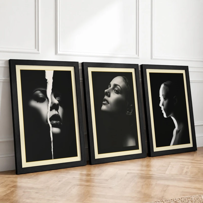 Faces in Light and Shadow Minimalist Set of 3 Framed Wall Art Prints A4