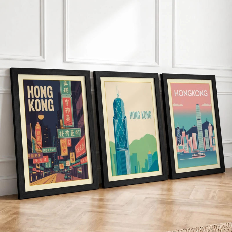 Hong Kong Icon Series Modern Set of 3 Framed Wall Art Prints A4