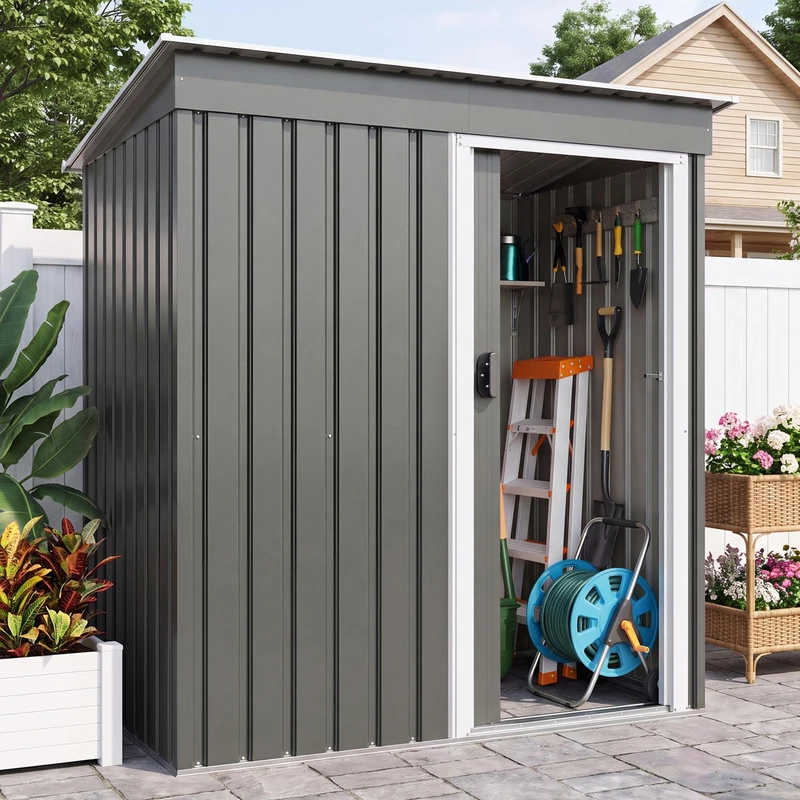JUMMICO 5x3ft Metal Garden Shed, Outdoor Storage for Tools, Bikes Garden Equipment, Single Sliding Door, Weatherproof Lockable, Multi-Purpose Shelter, Patio Backyard, Grey
