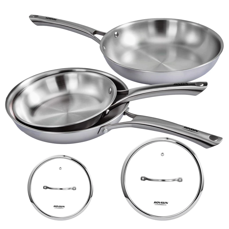 ROVSUN 5-Piece Pan Set 20, 24 and 28 cm with 2 Stainless Steel Lids, Suitable for Induction Cookers and Dishwasher Safe, Stainless Steel Pans Healthy Free from PFOA and PTFE