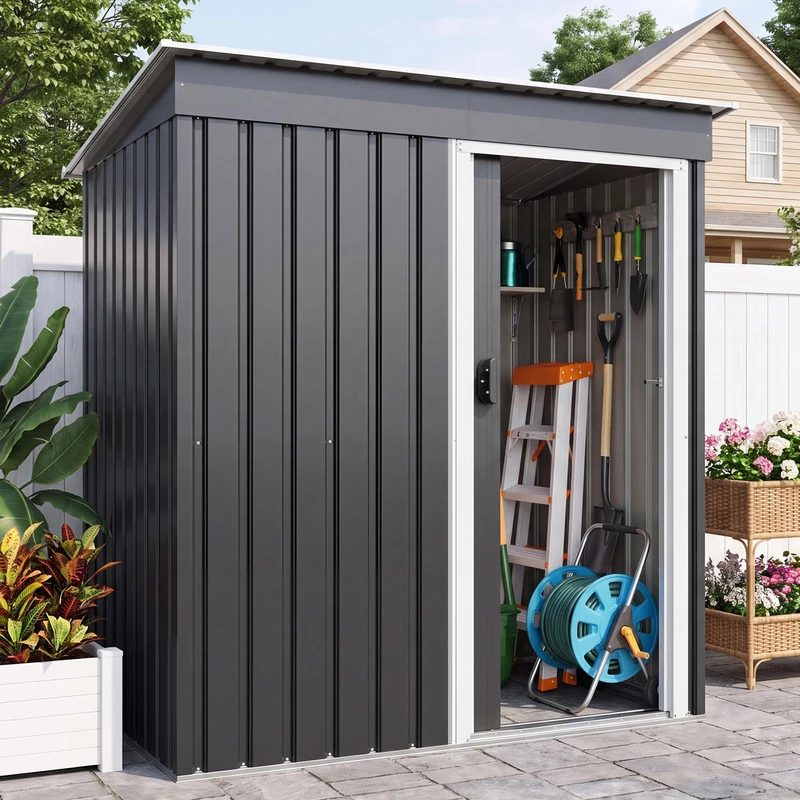 JUMMICO 5x3ft Metal Garden Shed, Outdoor Storage for Tools, Bikes Garden Equipment, Single Sliding Door, Weatherproof Lockable, Multi-Purpose Shelter, Patio Backyard,Black