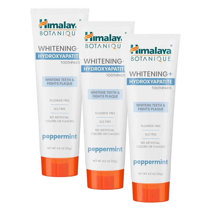 Himalaya Botanique Whitening+ Hydroxyapatite Toothpaste, Hydroxyapatite (HA), Peppermint Flavour, Fluoride-Free, Enamel Remineralisation from Day 7, Vegan, Gluten-Free, 113g (Pack of 3)