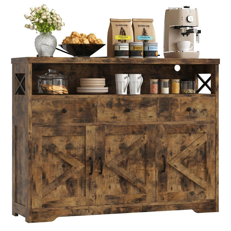 IRONCK Sideboard Kitchen Cabinet with Power Outlets, 107x35x95cm, Brown