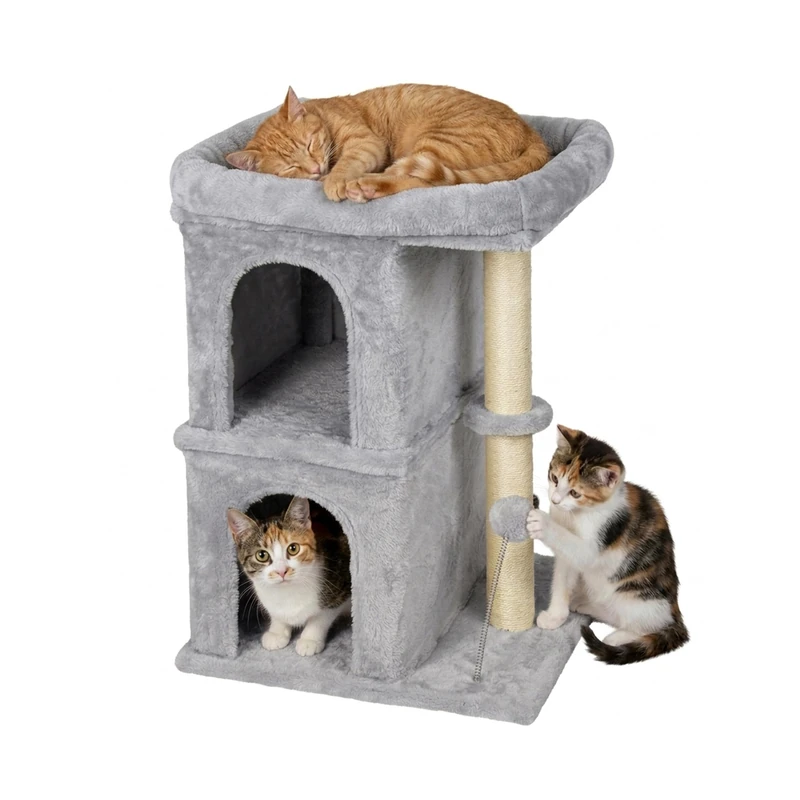 Relaxdays Cat Tree, 2 caves & toy, sisal, resting area, HxWxD: 71x46x40 cm, soft light grey