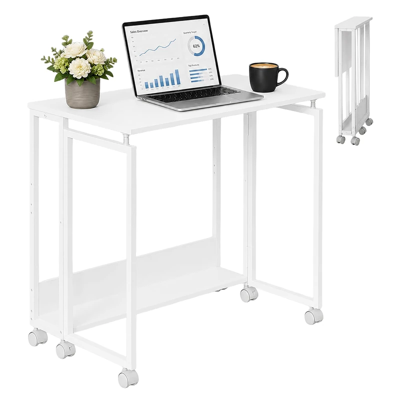 Relaxdays folding desk, 6 castors, computer desk, space-saving, white