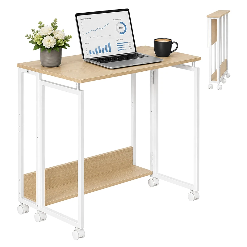 Relaxdays Foldable Desk, 6 castors, natural white