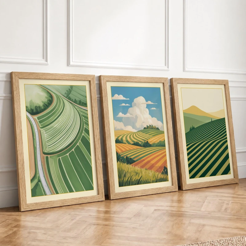 Cultivated Landscape Geometry Mid-Century Set of 3 Framed Wall Art Prints
