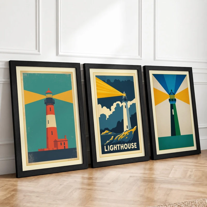 Lighthouses, Guiding Beams Art Deco Set of 3 Framed Wall Art Prints A4