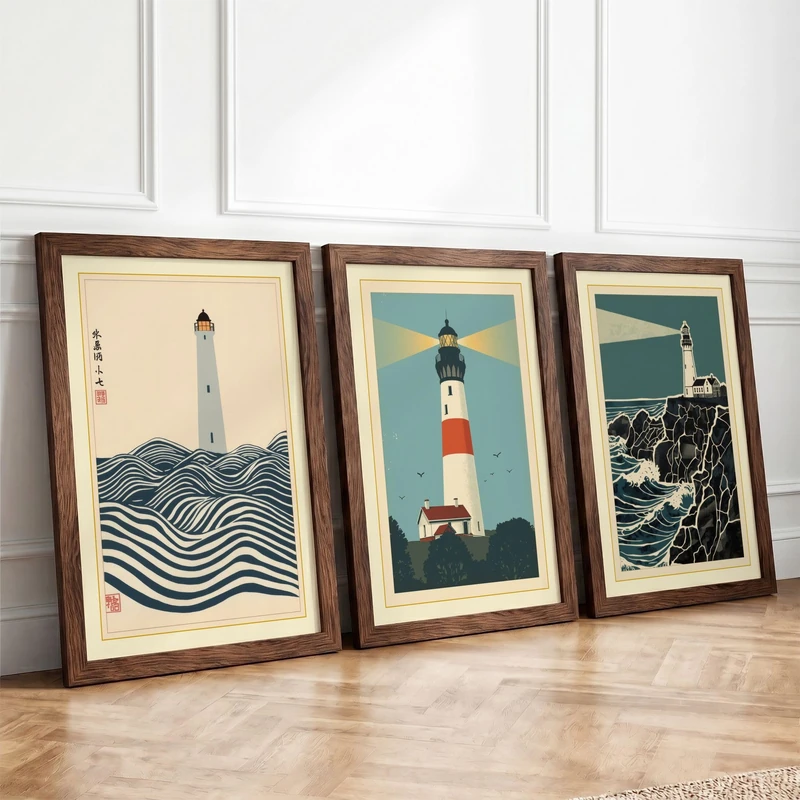 Lighthouse Keepers Japandi Set of 3 Framed Wall Art Prints A4 (29.7×21cm)