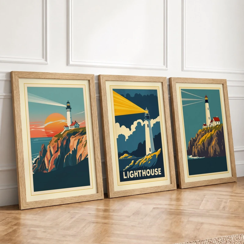 Lighthouse Beacons Vintage Set of 3 Framed Wall Art Prints A4 (29.7×21cm)