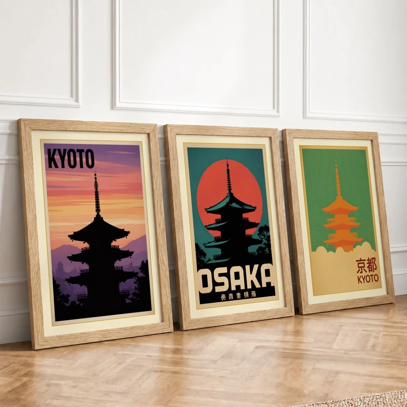 Japanese Pagoda Postcards Vintage Set of 3 Framed Wall Art Prints A4