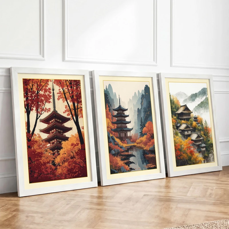 Pagoda in Autumn Sanctuary Japandi Set of 3 Framed Wall Art Prints A4
