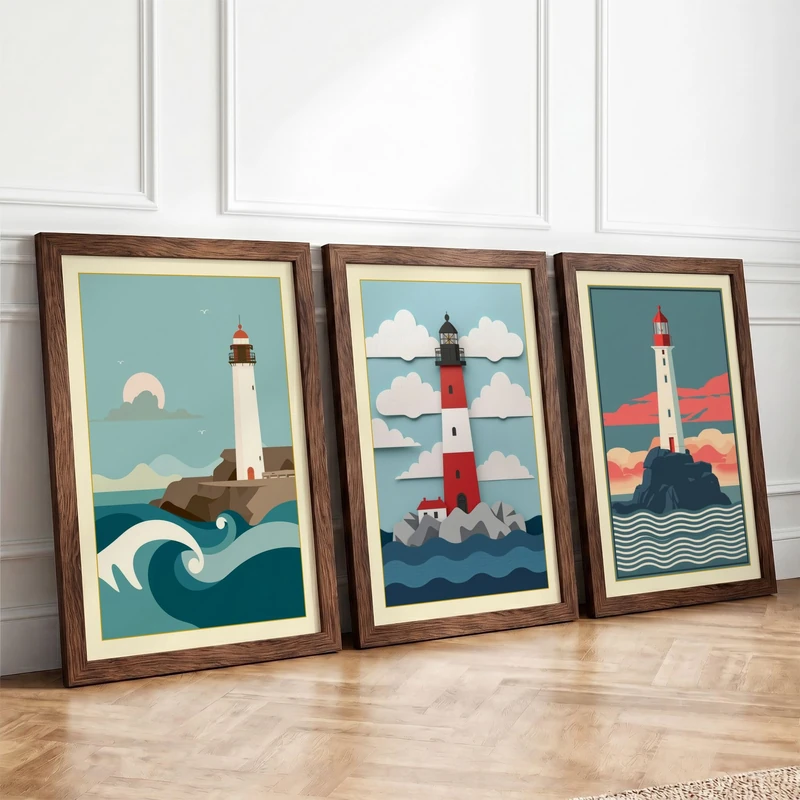 Lighthouse Sentinels Coastal Set of 3 Framed Wall Art Prints A4