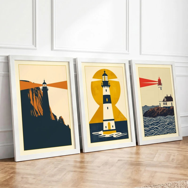 Lighthouse Beacons Minimalist Set of 3 Framed Wall Art Prints A4