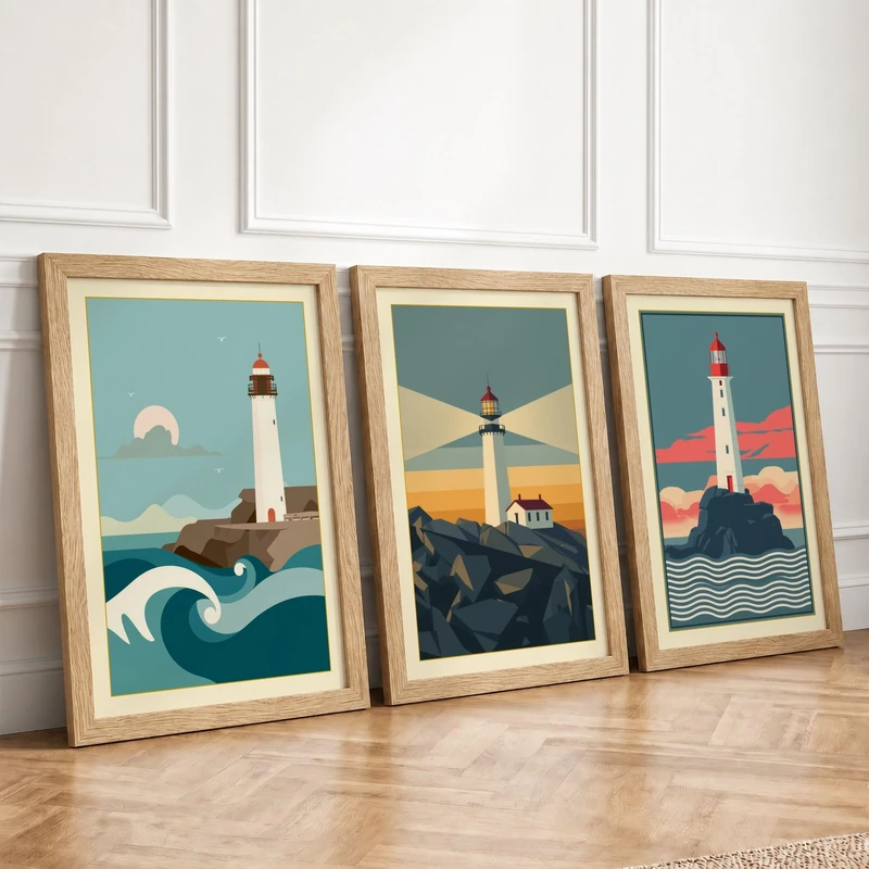 Lighthouse Keepers Coastal Set of 3 Framed Wall Art Prints A4 (29.7×21cm)