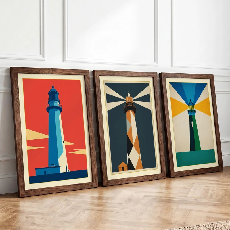 Beacon Light Triptych Art Deco Set of 3 Framed Wall Art Prints A4