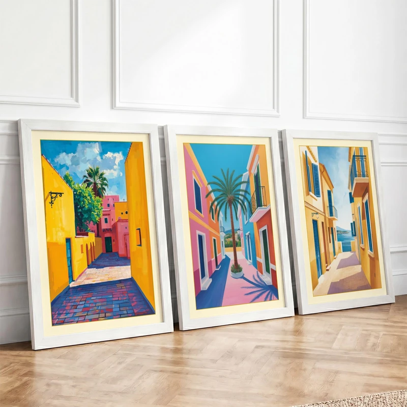 Mediterranean Alleyways Coastal Set of 3 Framed Wall Art Prints A4