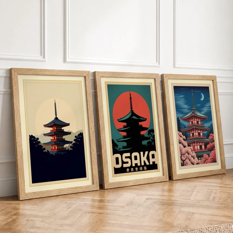 East Asian Pagoda Nights Japandi Set of 3 Framed Wall Art Prints A4