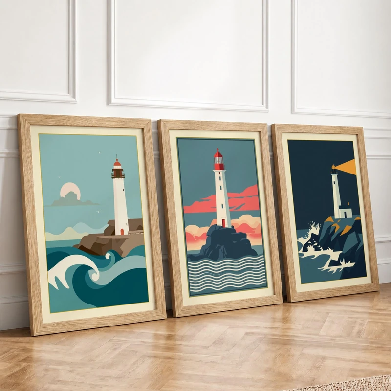 Lighthouse Vigil Geometric Set of 3 Framed Wall Art Prints A4 (29.7×21cm)