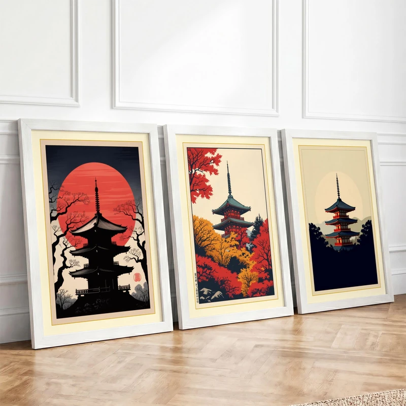 Pagoda Seasons Triptych Japandi Set of 3 Framed Wall Art Prints A4