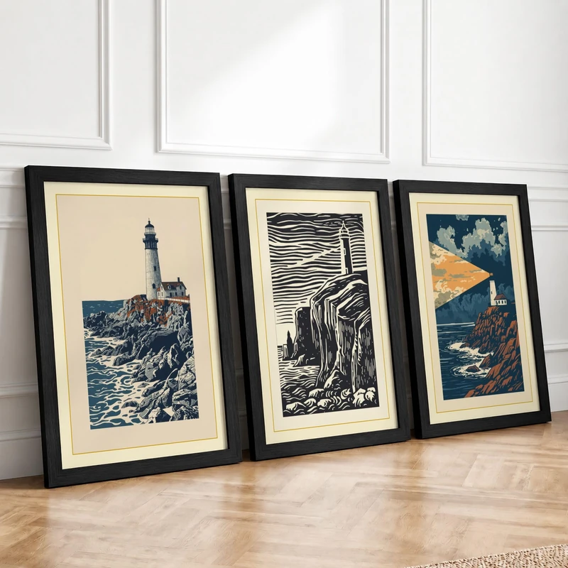Lighthouse Sentinels Coastal Set of 3 Framed Wall Art Prints A4