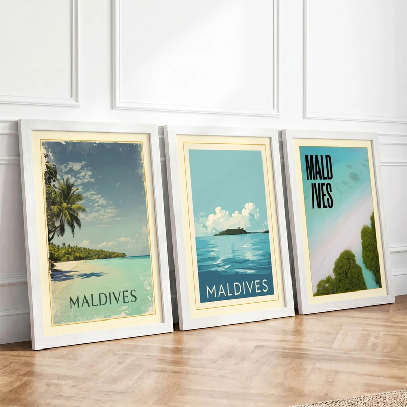 Maldives Escape Vintage Set of 3 Framed Wall Art Prints A4 (29.7×21cm)