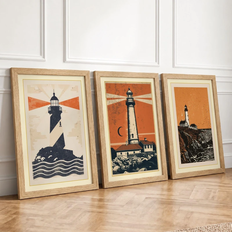 Lighthouse Sentries Retro Set of 3 Framed Wall Art Prints A4 (29.7×21cm)