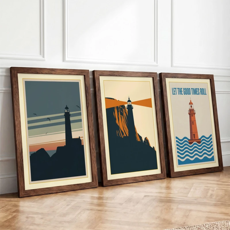 Lighthouse Beacon Triptych Minimalist Set of 3 Framed Wall Art Prints A4