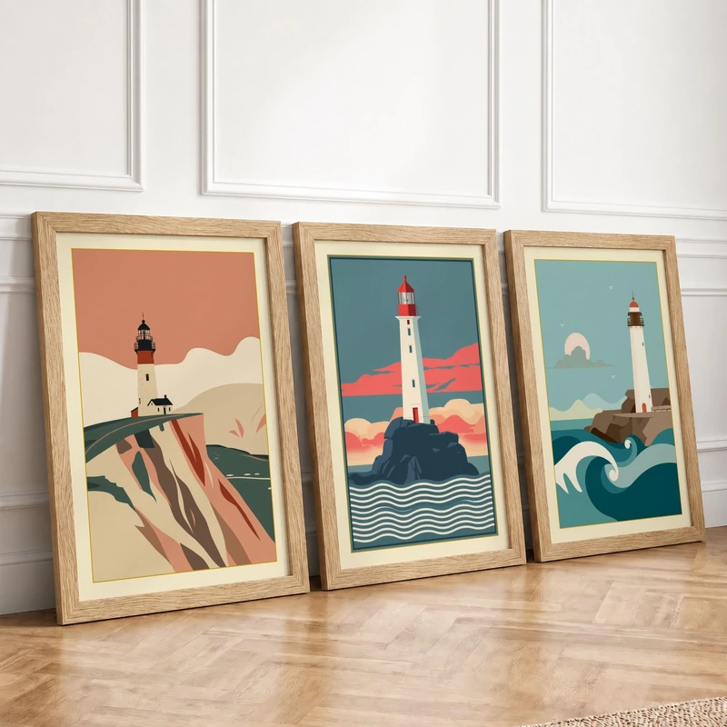 Lighthouse Triptych Coastal Set of 3 Framed Wall Art Prints A4