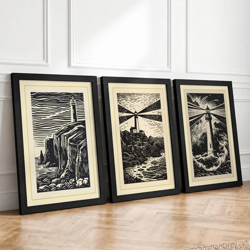 Solitary Lighthouses Coastal Set of 3 Framed Wall Art Prints A4