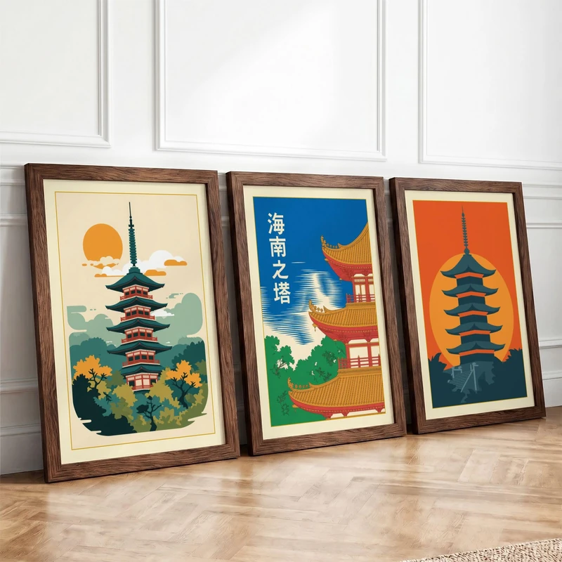 Eastern Pagodas at Dawn Mid-Century Set of 3 Framed Wall Art Prints A4