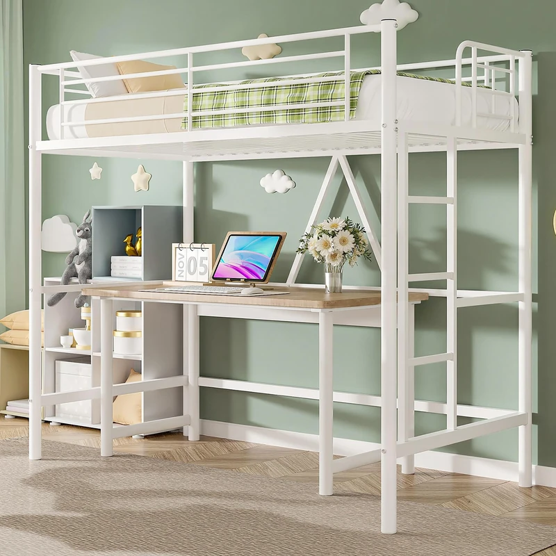 VECELO Metal Bunk Bed Single Size, High Sleeper Bed frame 90×190cm with Removable Ladder and Safety Guardrail, Space-Saving, Noise Free, No Box Spring Needed, White