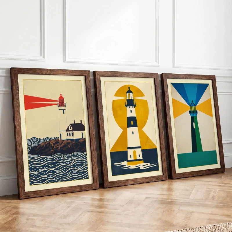 Lighthouse Beacons Art Deco Set of 3 Framed Wall Art Prints A4