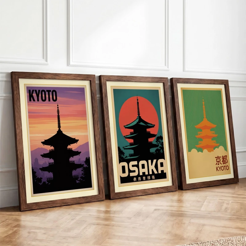 Japanese Pagoda Postcards Vintage Set of 3 Framed Wall Art Prints A2