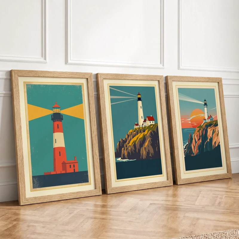 Coastal Lighthouse Guardians Art Deco Set of 3 Framed Wall Art Prints A4