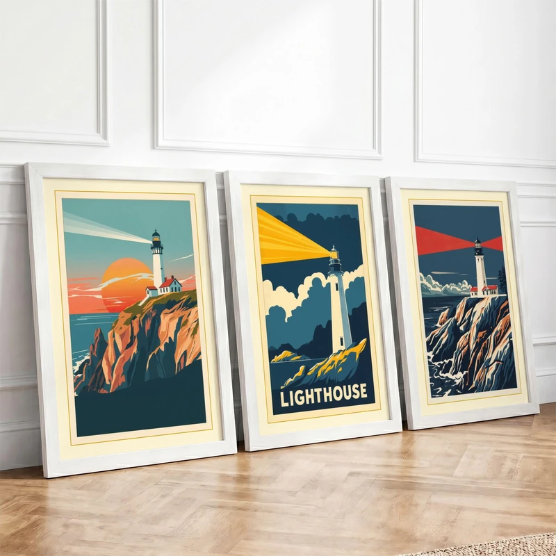 Lighthouse Keepers Retro Set of 3 Framed Wall Art Prints A4 (29.7×21cm)