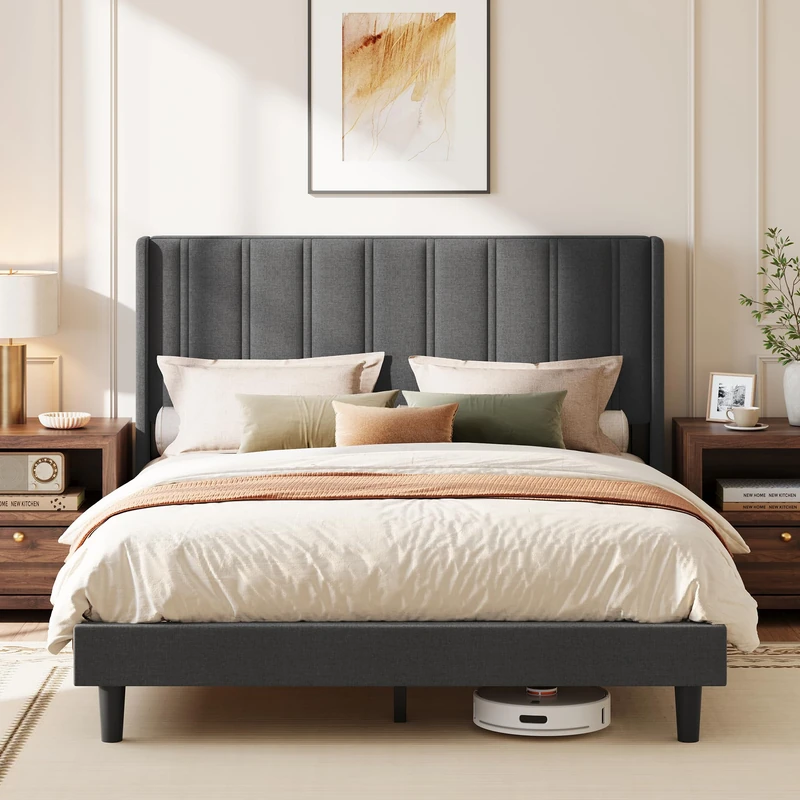 VASAGLE King Size Bed Frame, Upholstered Wingback Headboard, Steel
