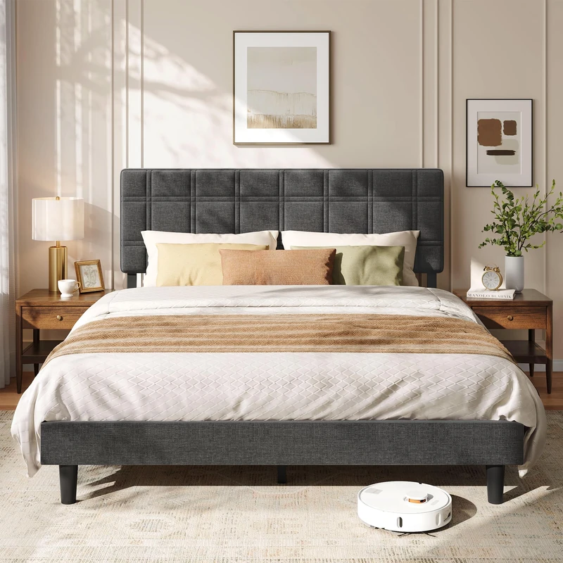 VASAGLE King Size Bed Frame, Upholstered Bed with Adjustable Headboard