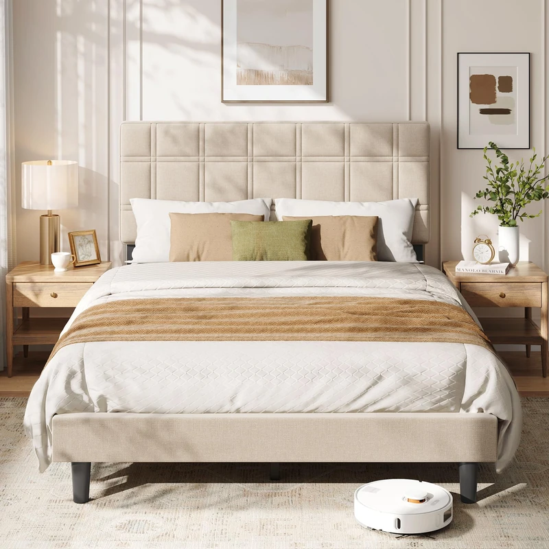VASAGLE Double Size Bed Frame, Upholstered Bed with Adjustable Headboard