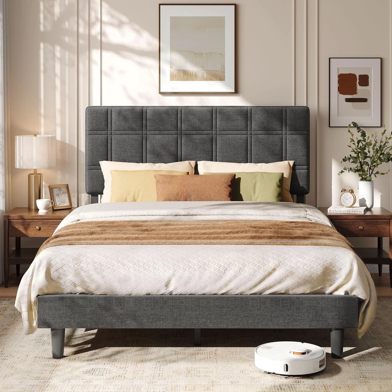 VASAGLE Double Bed Frame, Upholstered Bed with Adjustable Headboard