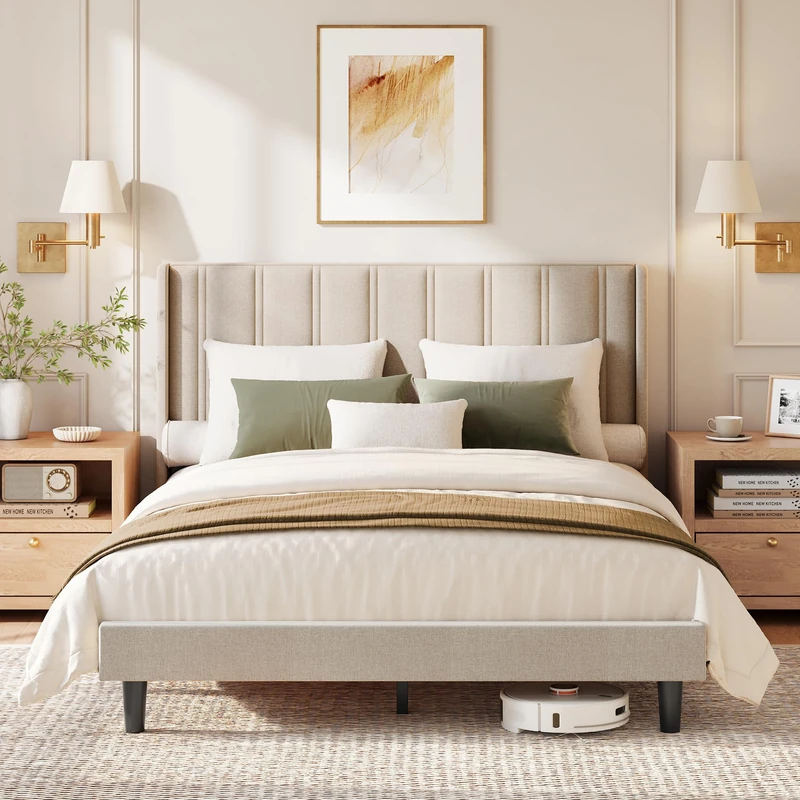 VASAGLE King Size Bed Frame, Upholstered Wingback Headboard, Steel