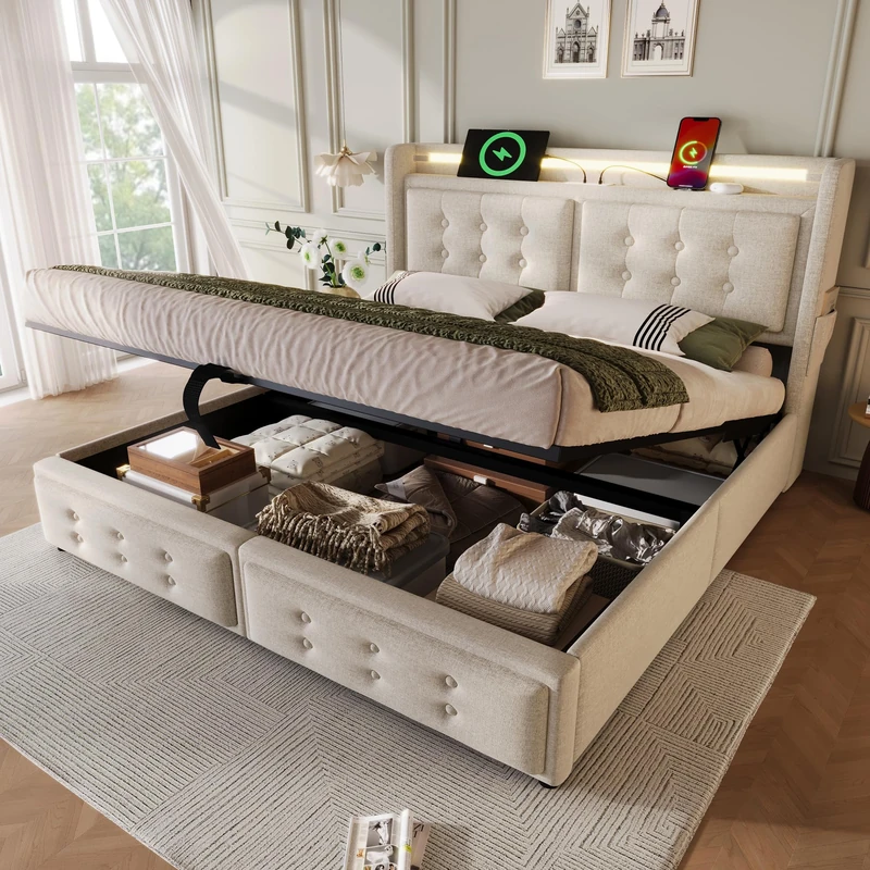 Ball & Cast Upholstered Ottoman Bed with Hydraulic Lift & LED Storage Headboard, 5ft King Size Bed Frame with USB Type-C Charging, Linen Ottoman Lift Up Upholstered Bed with Storage & Slats, Beige